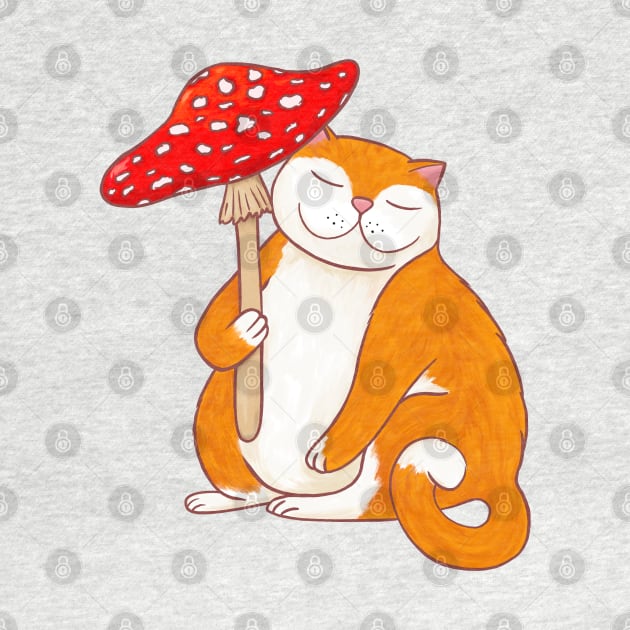 Cute Cat with Fly Agaric Mushroom Umbrella Graphic Design by Kraina